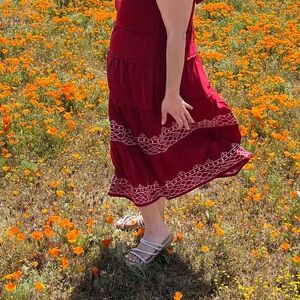 Red Maxi Dress with White Embroidery